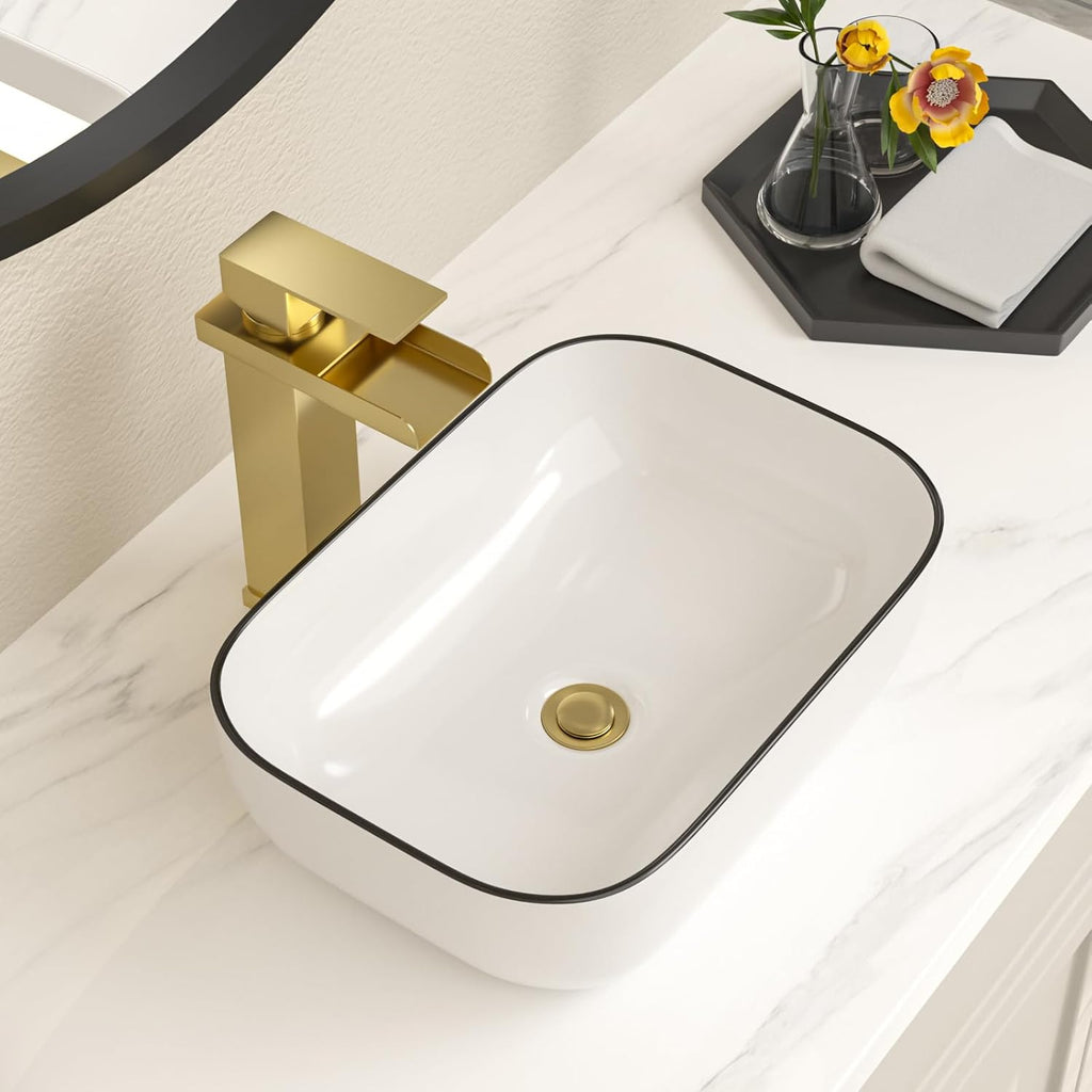 Bowl Sink for Bathroom 15in  x 10in  Rectangle Boat Shape White Vessel Sink with Black Rim Above Counter Porcelain Ceramic Round Oval Modern Artistic Basin Bowl Sink LOF-15105-HB