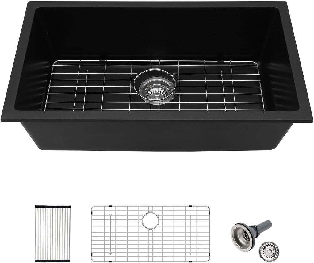 33in x19in  Inch Granite Composite Kitchen Sink Matte Black Quartz Undermount Contemporary Single Bowl Kitchen Deep Sink Basin