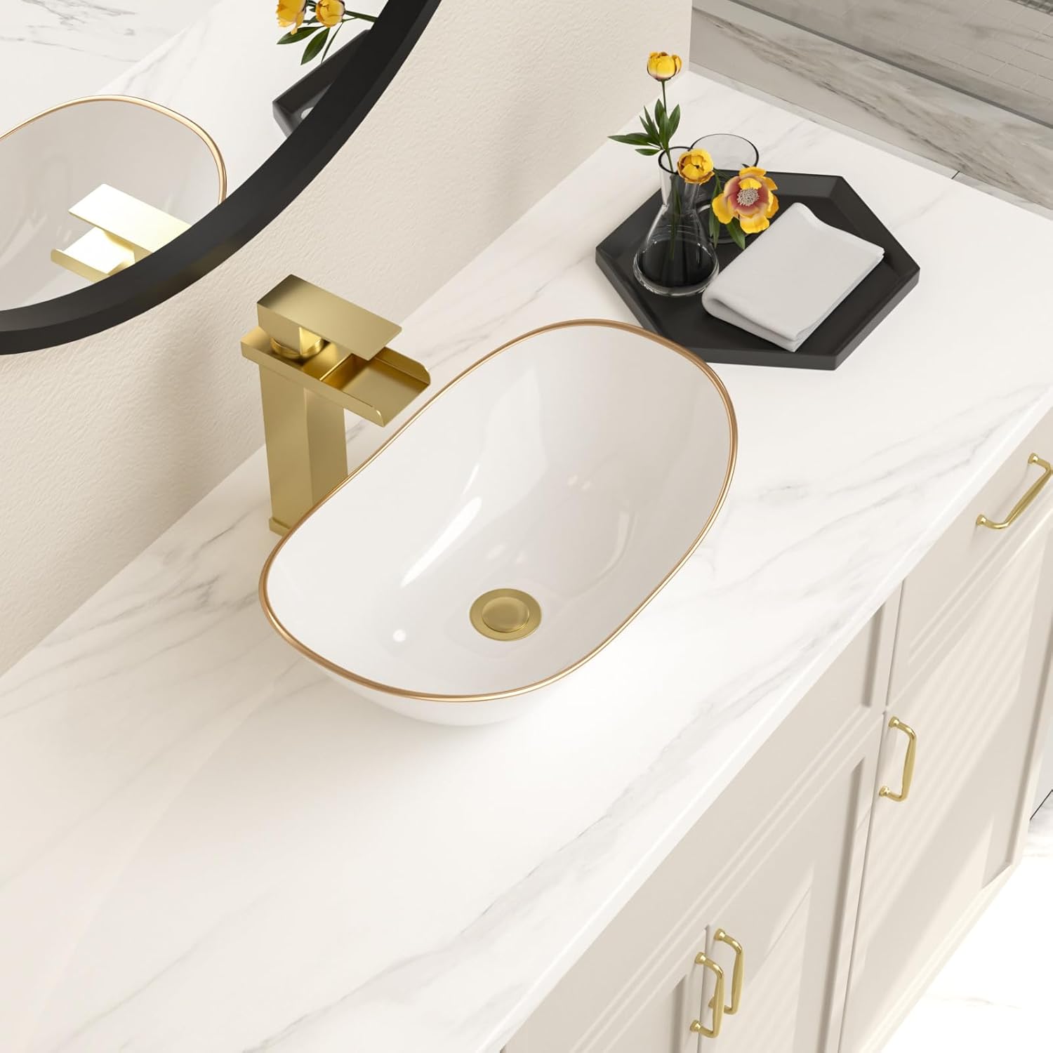 Bowl Sinks For Bathrooms 17in  x 11in  Oval White Vessel Sink With Gold Rim Modern Boat Shape Artistic Basin Bathroom Vessel Sink Above Counter Porcelain Ceramic Vessel Sink Small Deep Vessel Sink