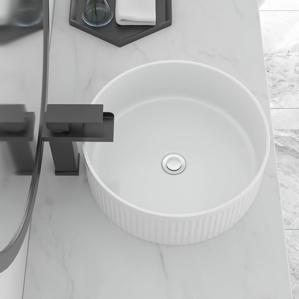 Bowl Sinks For Bathrooms 15in X15in  White Round Vessel Sink With Vertical Stripe Smal Above Counter Bathroom Sink White Porcelain Bowl Sink Bathrooms Ceramic Deep Modern Artistic Basin Sinks