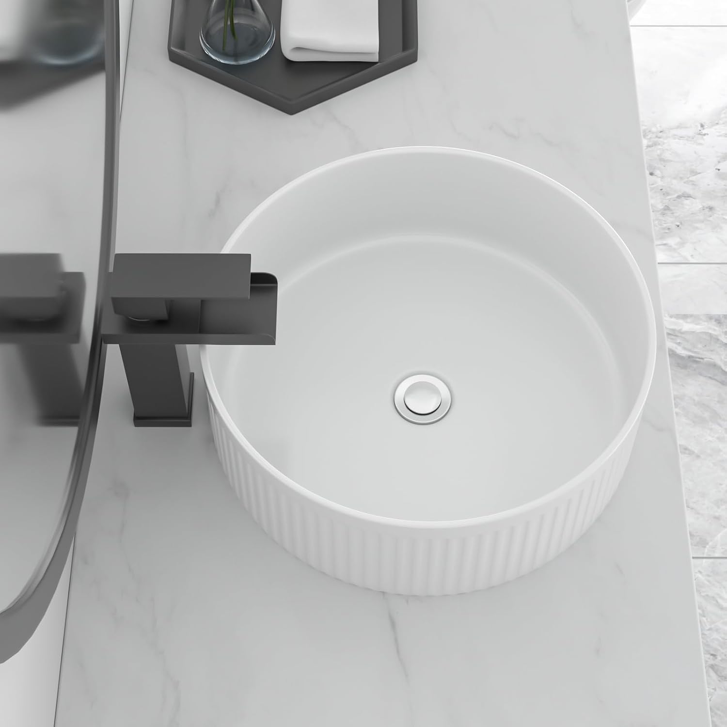 Bowl Sinks For Bathrooms 15in X15in  White Round Vessel Sink With Vertical Stripe Smal Above Counter Bathroom Sink White Porcelain Bowl Sink Bathrooms Ceramic Deep Modern Artistic Basin Sinks