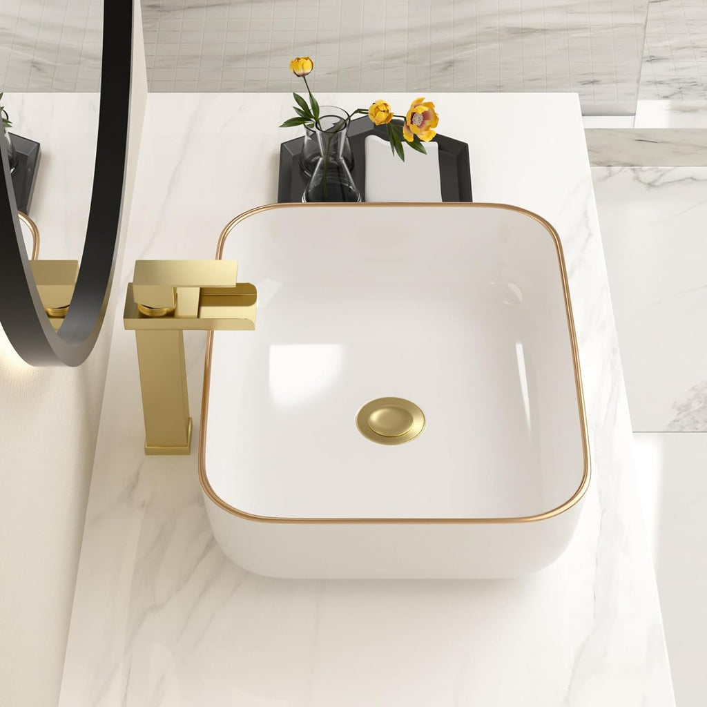 Bathroom Vessel Sink 19in x15in  Rectangule Bowl Sinks for Bathrooms With Gold Rim White Vessel Sink Above Counter Rectangular Ceramic Vessel Bathroom Sink Porcelain Lavatory Vanity Sink Basin