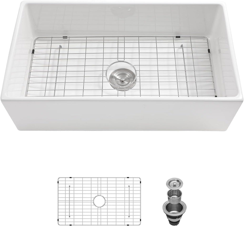 30in x18in  White Farmhouse Sink Lofeyo 30 Inch Farm Sink Fireclay Apron Front Single Bowl Rectangular Deep Kitchen Sinks Farm Barn Kitchen Sink Modern Accessory Kit Included,Lof-LWFS3018