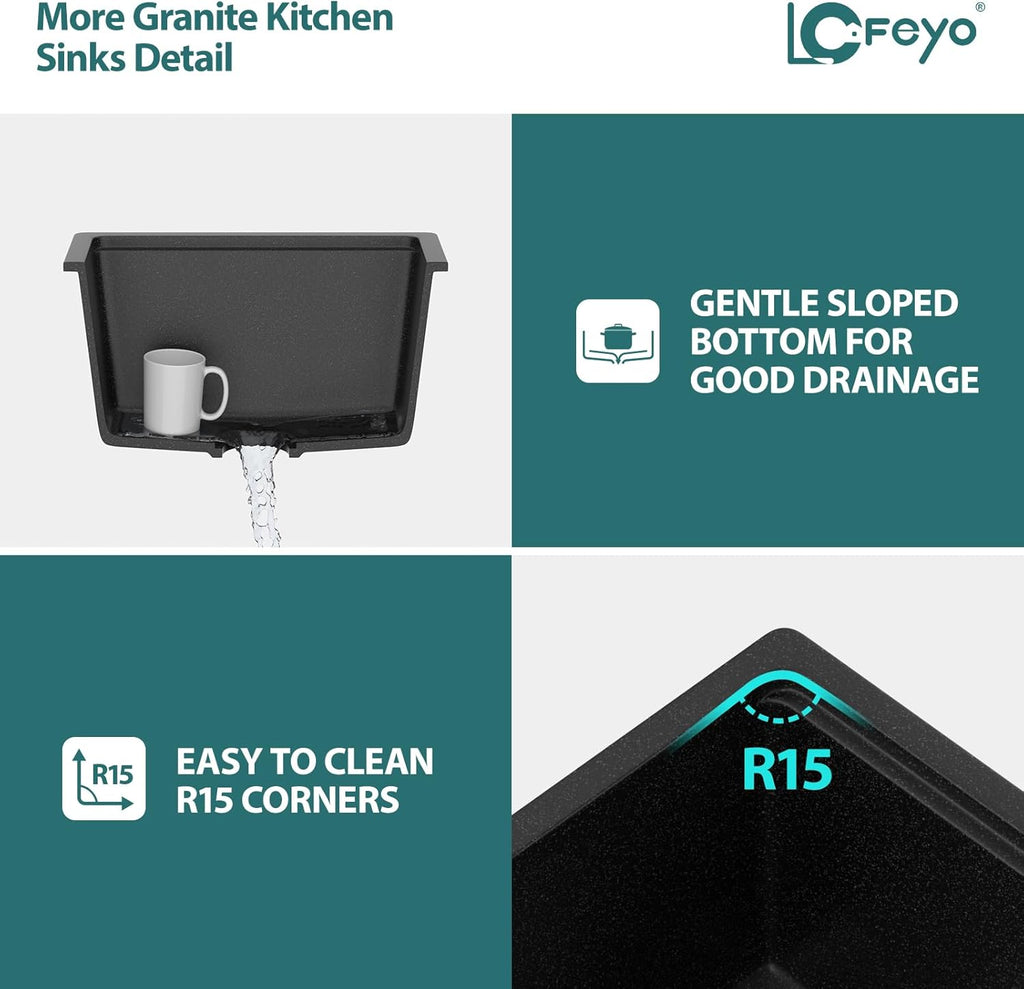 Black Undermount Kitchen Sink 21in x18in  Workstation Granite Composite Bar Sink Small Granite Sink Undermount Quartz Modern Under Counter Ledge Single Bowl Kitchen Sinks Basin Deep Sink,LOF-Q4574