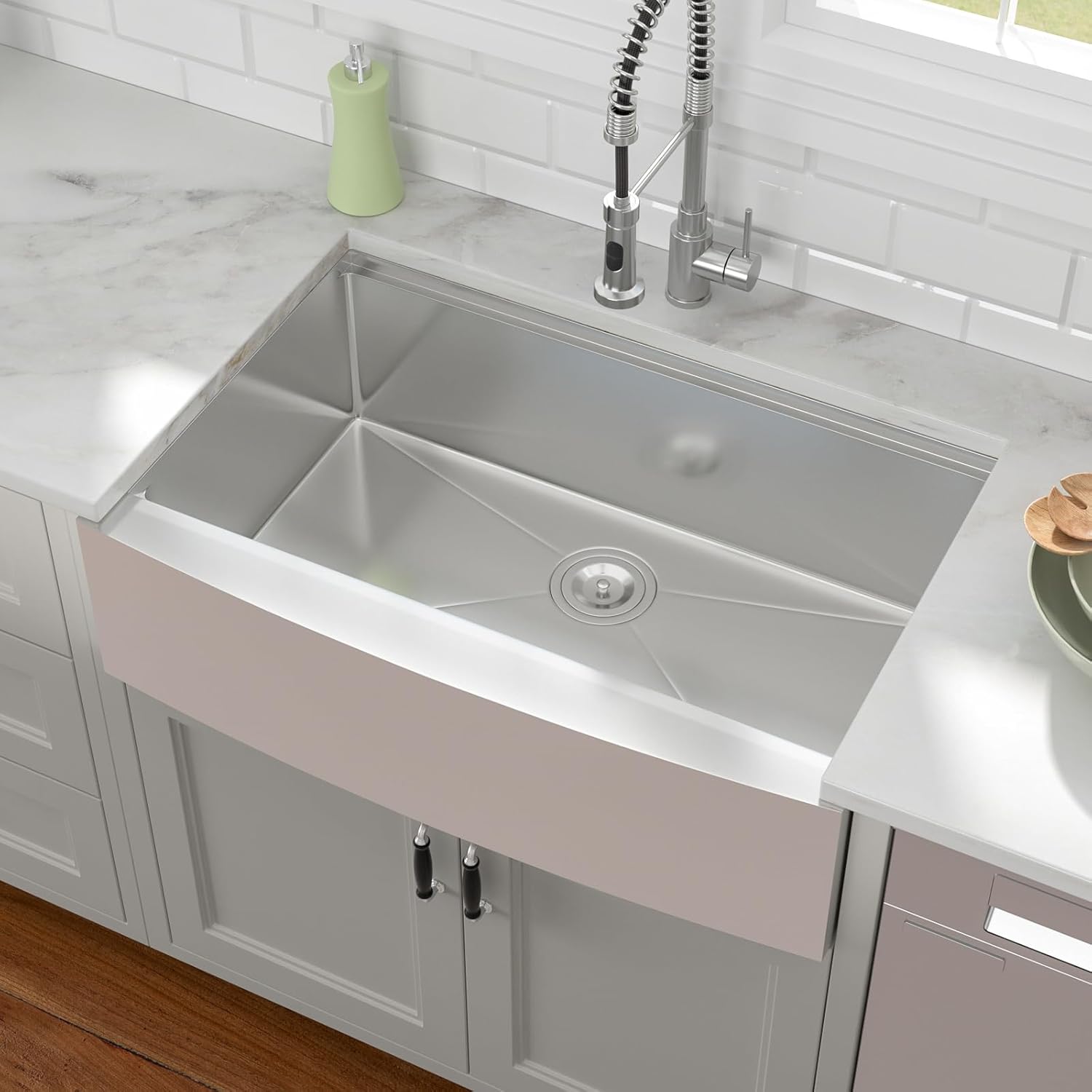 33in x22in  Stainless Steel Farmhouse Kitchen Sink, Single Bowl Apron Front Workstation Sink with Integrated Ledge, Cutting Board, Colander, and Roll-Up Drying Rack, 16 Gauge 304 Stainless Steel