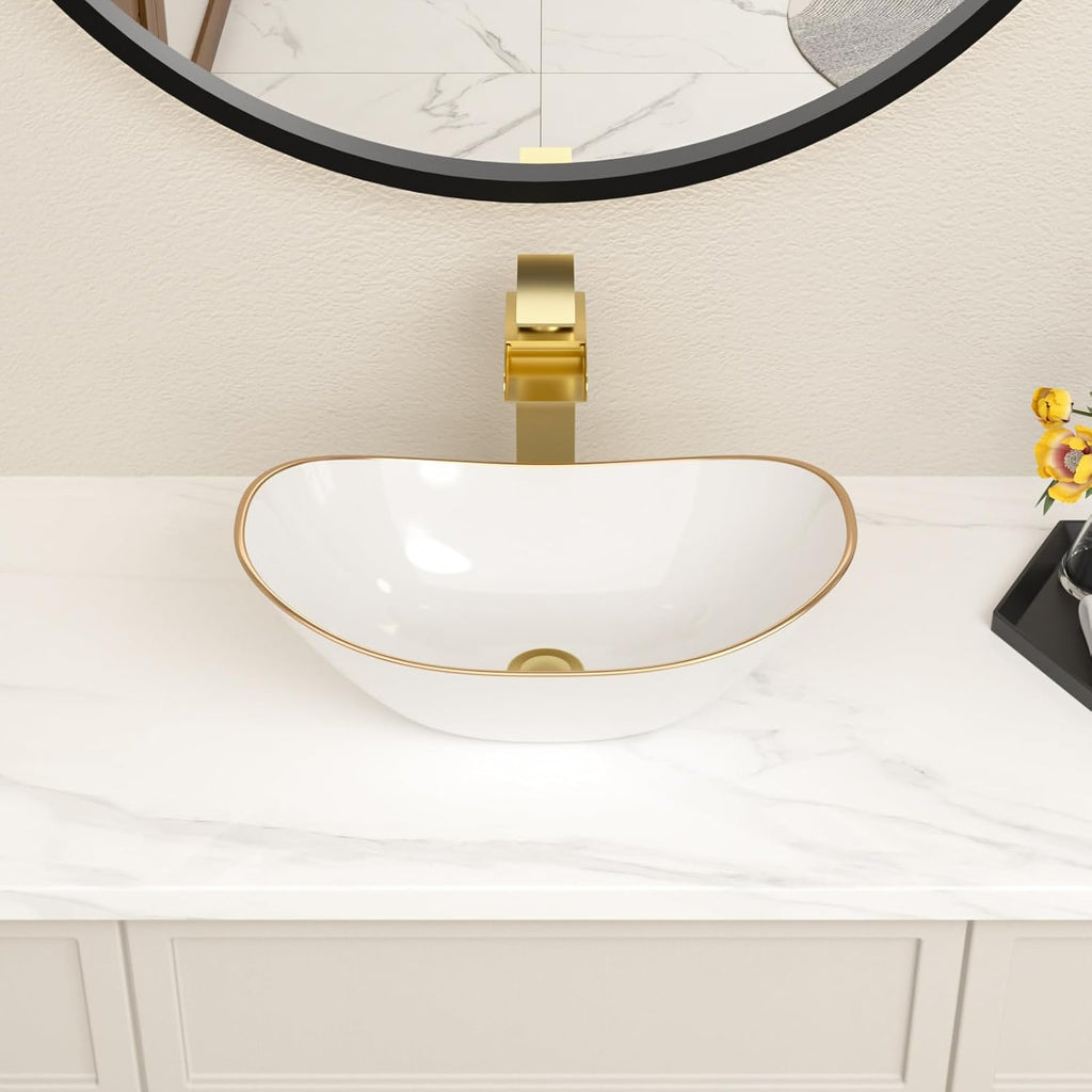 Bowl Sinks For Bathrooms 17in  x 11in  Oval White Vessel Sink With Gold Rim Modern Boat Shape Artistic Basin Bathroom Vessel Sink Above Counter Porcelain Ceramic Vessel Sink Small Deep Vessel Sink