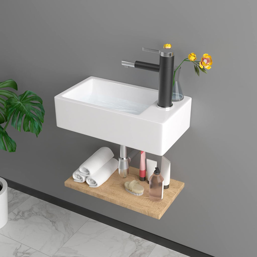 Wall Mount Sink, Lofeyo 18in x10in  Small Bathroom Sink Corner Sink Floating Vessel Sinks Rectangle White Small Vessel Sink For Bathroom Ceramic Porcelain Wall Hung Sink Rectangular Modern Vessel Sink