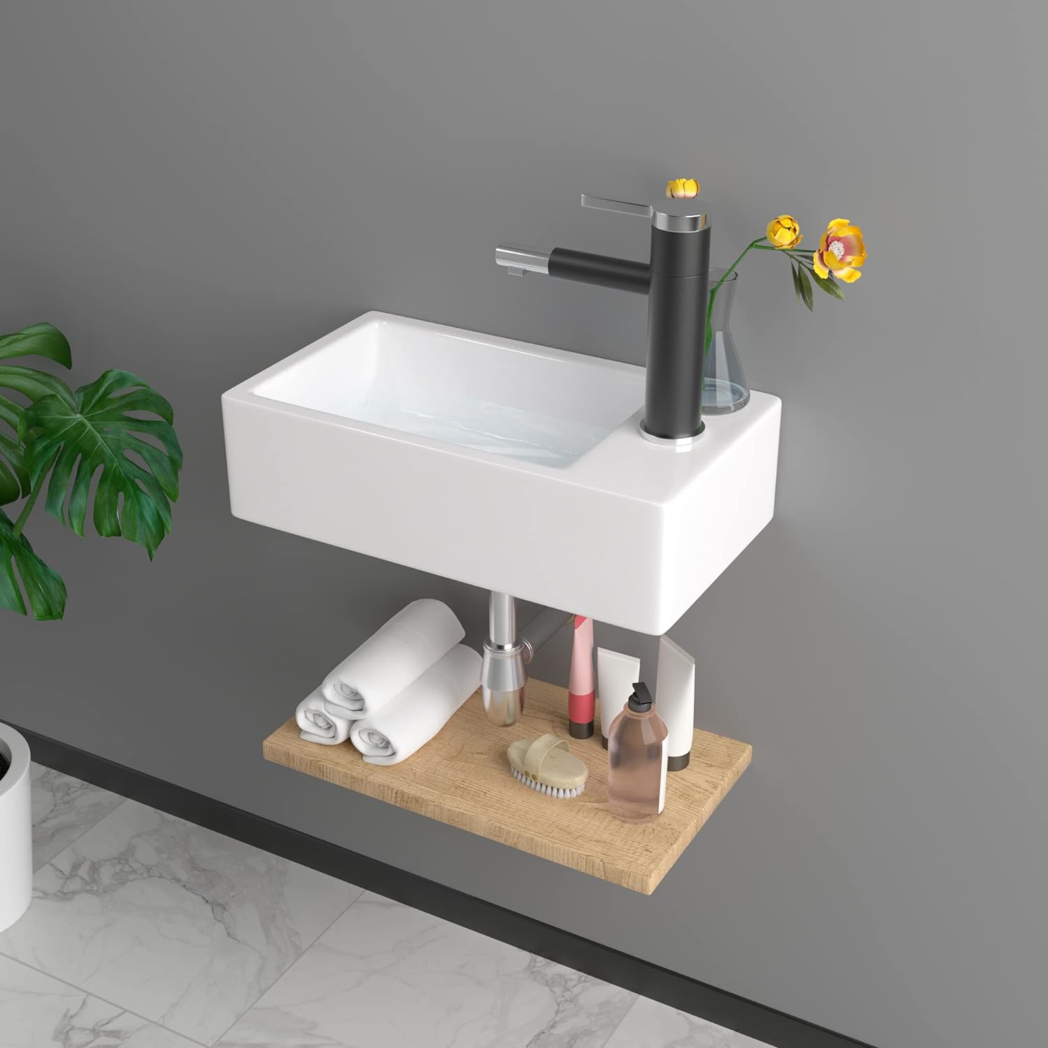 Wall Mount Sink, Lofeyo 18in x10in  Small Bathroom Sink Corner Sink Floating Vessel Sinks Rectangle White Small Vessel Sink For Bathroom Ceramic Porcelain Wall Hung Sink Rectangular Modern Vessel Sink