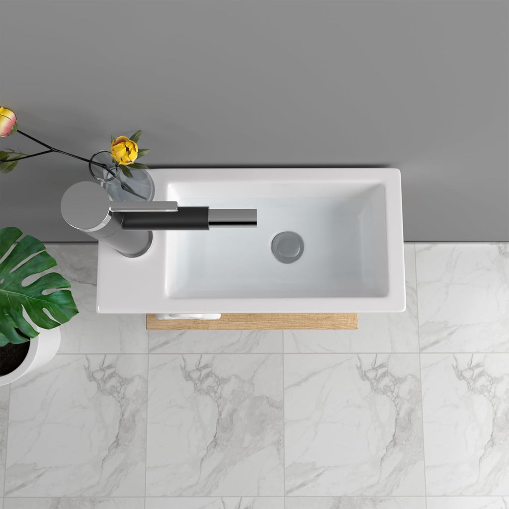 15 Inch Wall-Mounted Vessel Sinks, Lofeyo Bathroom Floating White Ceramic Porcelain Vanity Sink Art Basin with Left Single Faucet Hole