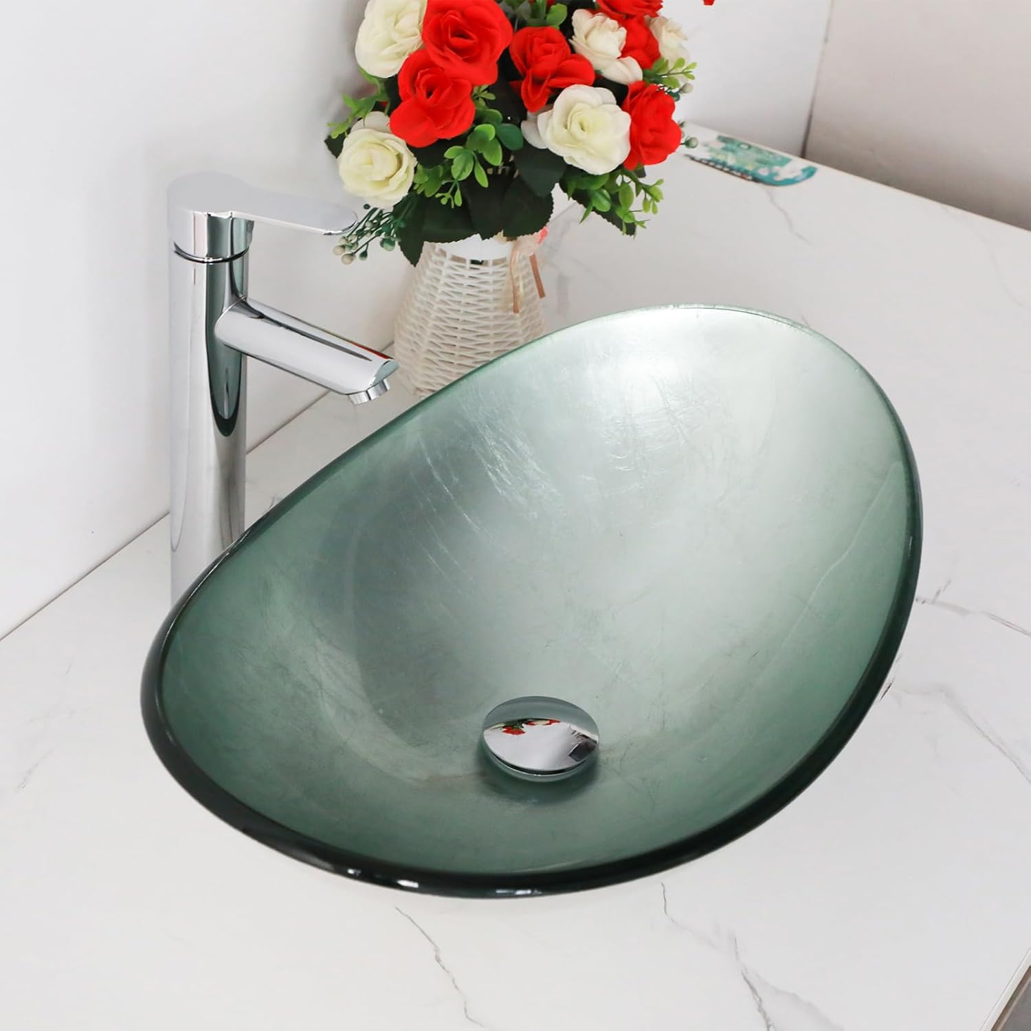 Bowl Sinks For Bathrooms 21in  Sky Blue Glass Vessel Sink With Faucet And Drain Combo Modern Boat Shape Artistic Basin Bathroom Above Counter Small 6in  Deep Oval Vessel Sink Lof-BL33559