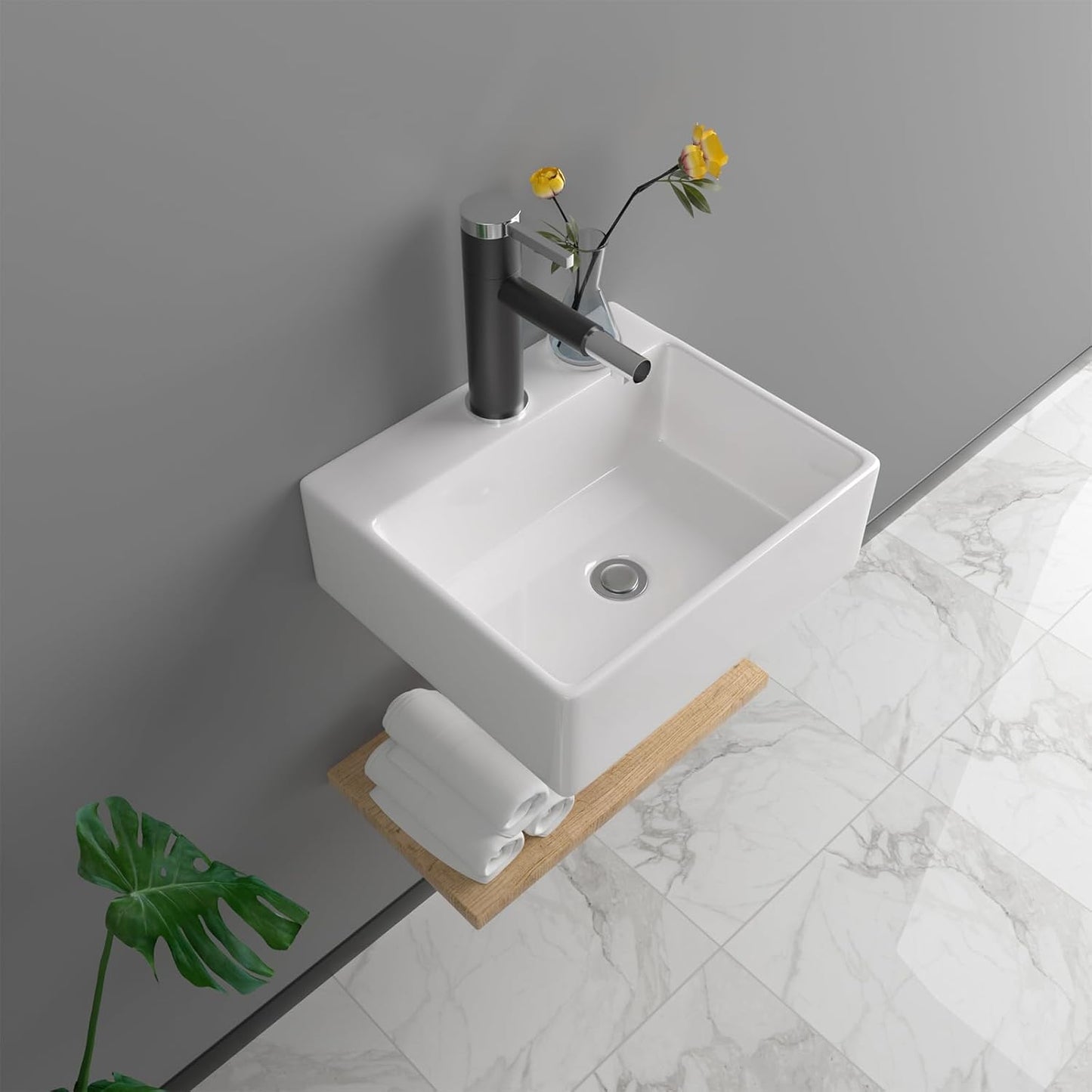13in x11in  Wall Mounted Vessel Sink Bathroom Wall Hung Sink Rectangular White Porcelain Ceramic Vessel Vanity Sink Art Basin Middle Faucet Hole