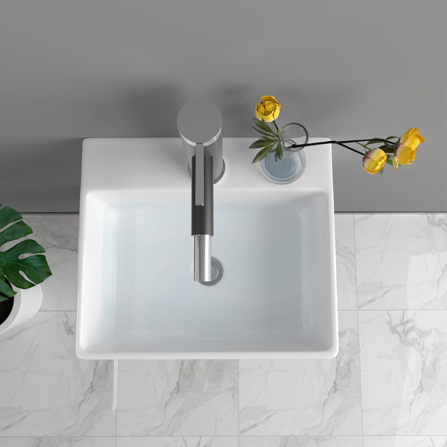 13in x11in  Wall Mounted Vessel Sink Bathroom Wall Hung Sink Rectangular White Porcelain Ceramic Vessel Vanity Sink Art Basin Middle Faucet Hole