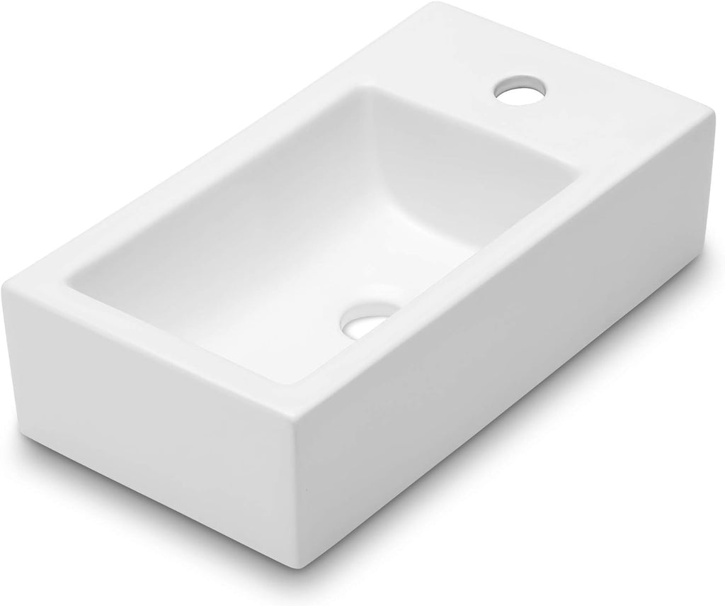 Wall Mount Sink, Lofeyo 18in x10in  Small Bathroom Sink Corner Sink Floating Vessel Sinks Rectangle White Small Vessel Sink For Bathroom Ceramic Porcelain Wall Hung Sink Rectangular Modern Vessel Sink