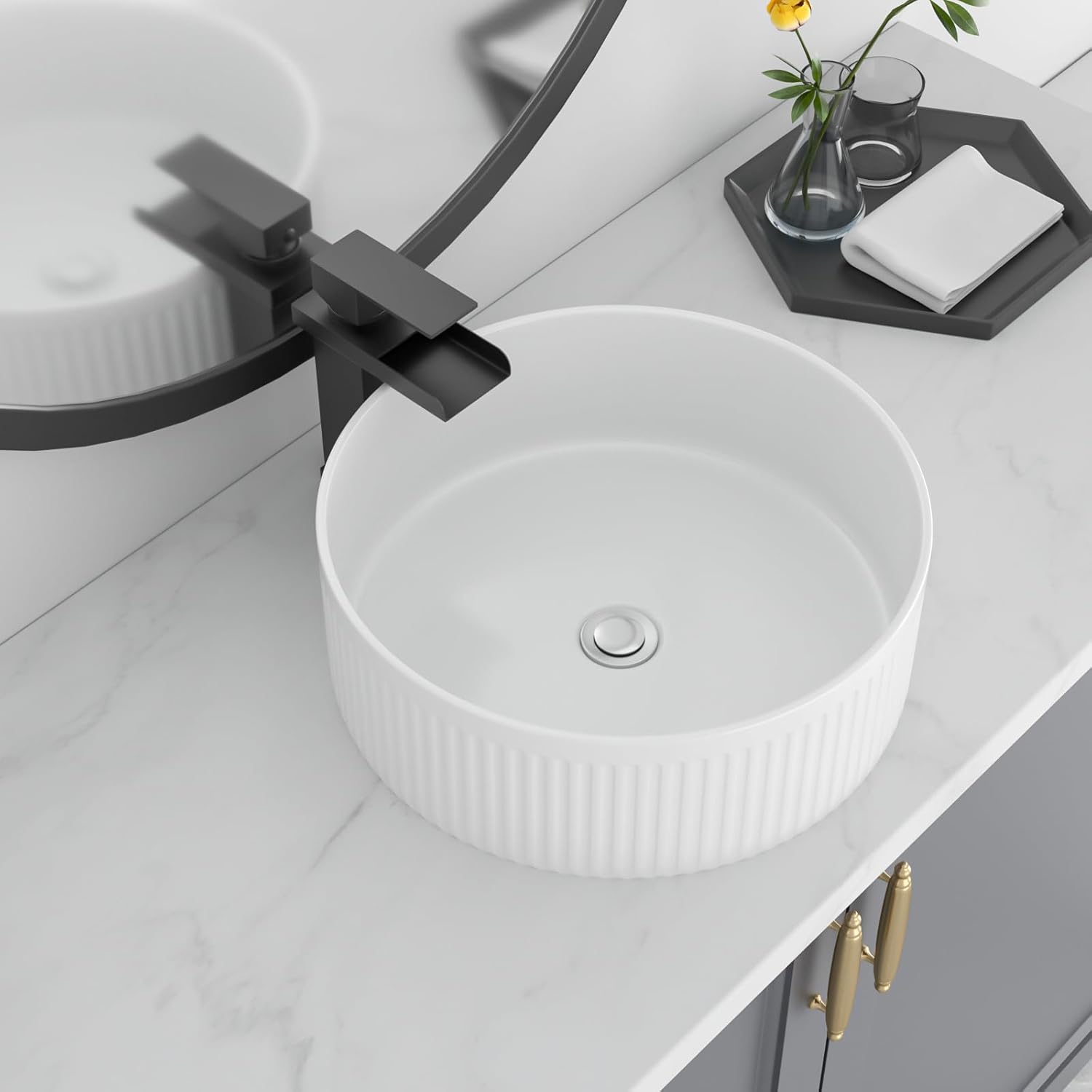 Bowl Sinks For Bathrooms 15in X15in  White Round Vessel Sink With Vertical Stripe Smal Above Counter Bathroom Sink White Porcelain Bowl Sink Bathrooms Ceramic Deep Modern Artistic Basin Sinks