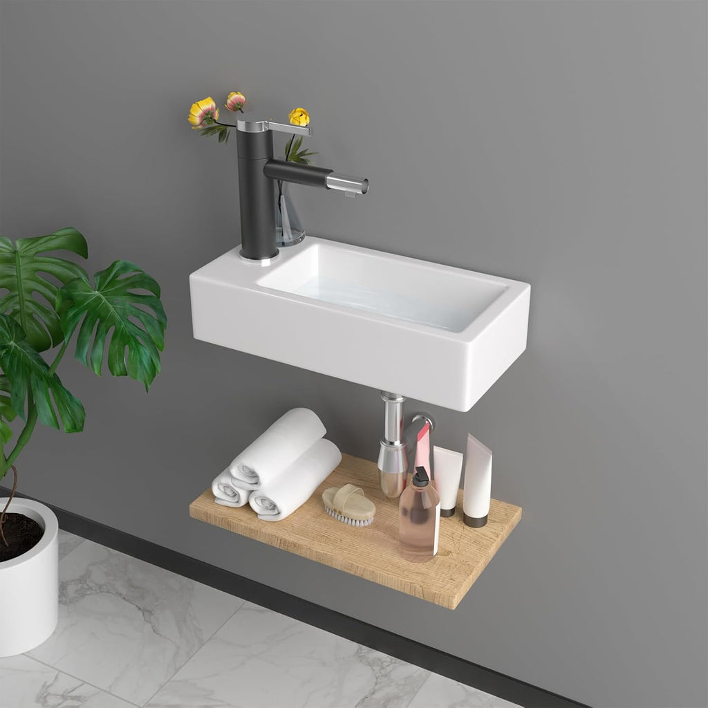 15 Inch Wall-Mounted Vessel Sinks, Lofeyo Bathroom Floating White Ceramic Porcelain Vanity Sink Art Basin with Left Single Faucet Hole