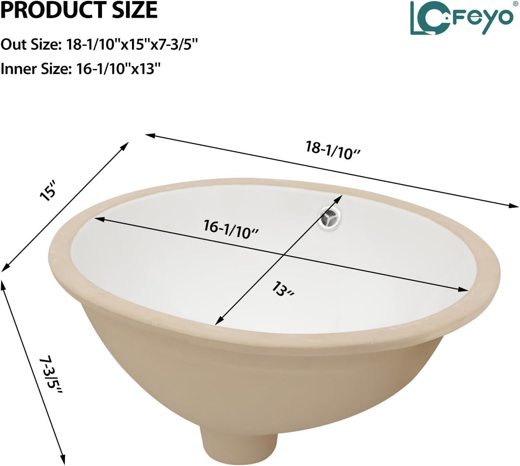 Undermount Bathroom Sink, Lofeyo 18''x15'' Oval Undermount Bathroom Sink White Porcelain Ceramic Bathroom Vessel Sink Under Counter Vanity Sink Top Bowl Lavatory Basin, inner dimension 16in  x 13in