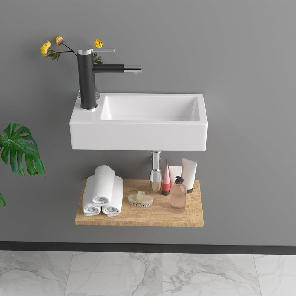 15 Inch Wall-Mounted Vessel Sinks, Lofeyo Bathroom Floating White Ceramic Porcelain Vanity Sink Art Basin with Left Single Faucet Hole