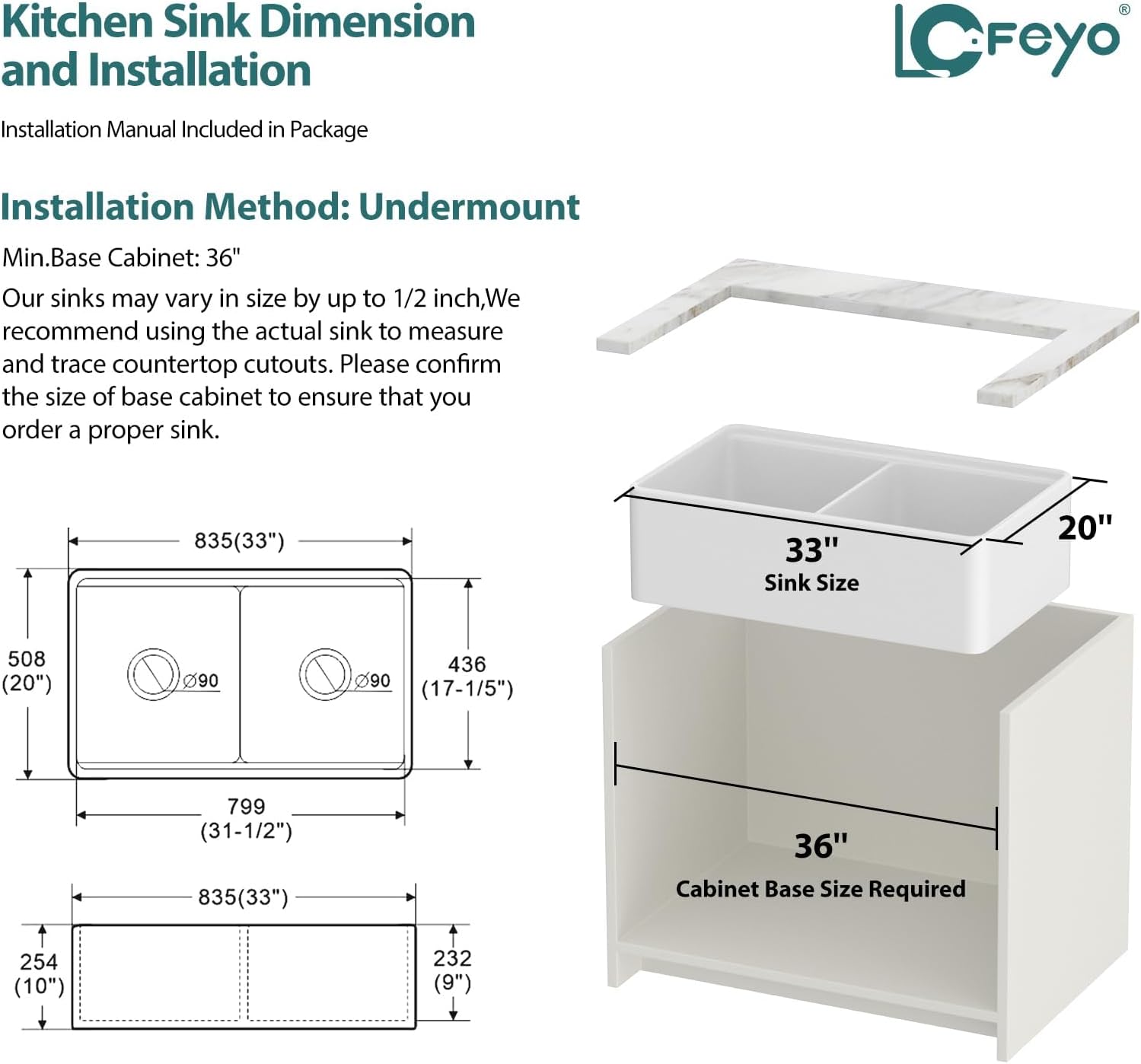 33 Farmhouse Sink Lofeyo 33in x20in x10in  White Double Bowl 50/50 Workstation Farmhouse Kitchen Sink Apron Front White Ceramic Porcelain Fireclay Single Bowl Rectangular Farmer Sink Basin,LOF-LWFST33205X