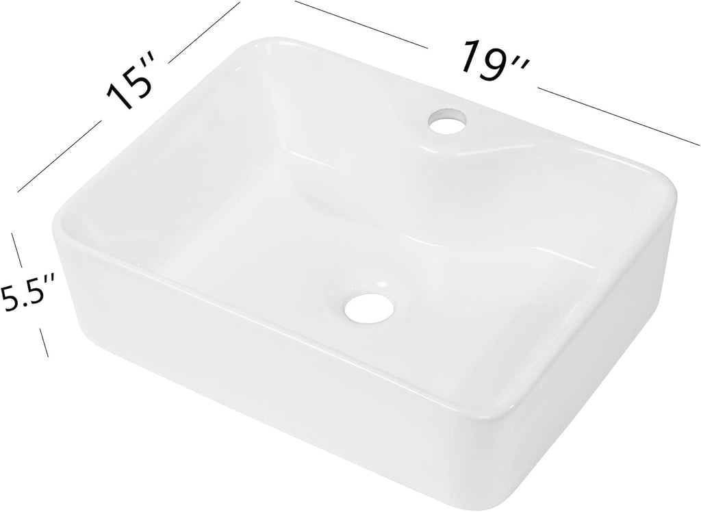 19in x15in  Vessel Sink Rectangule Bowl Sinks for Bathrooms White Vessel Sink with Faucet Hole Above Counter Rectangular Ceramic Porcelain Lavatory Vanity Sink Basin Large Vessel Bathroom Sink