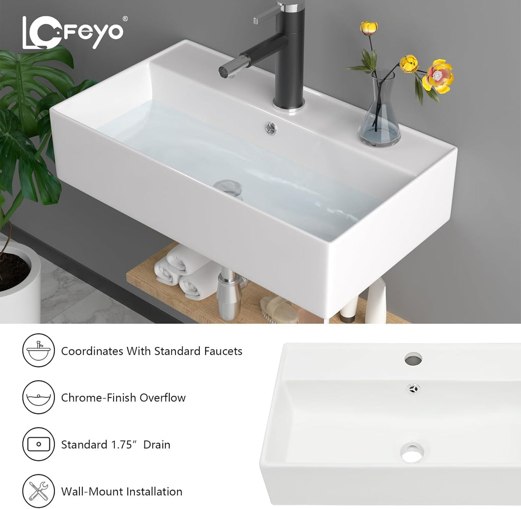 Vessel Sink, Lofeyo 21in x12in  Bathroom Wall Mount Floating Sink Rectangular White Porcelain Ceramic Vessel Vanity Sink Art Basin Middle Faucet Hole