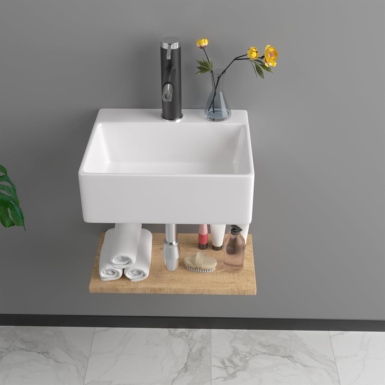13in x11in  Wall Mounted Vessel Sink Bathroom Wall Hung Sink Rectangular White Porcelain Ceramic Vessel Vanity Sink Art Basin Middle Faucet Hole