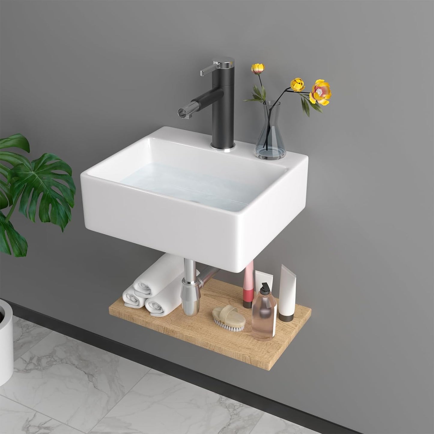 13in x11in  Wall Mounted Vessel Sink Bathroom Wall Hung Sink Rectangular White Porcelain Ceramic Vessel Vanity Sink Art Basin Middle Faucet Hole