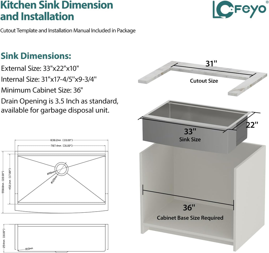 33in x22in  Stainless Steel Farmhouse Kitchen Sink, Single Bowl Apron Front Workstation Sink with Integrated Ledge, Cutting Board, Colander, and Roll-Up Drying Rack, 16 Gauge 304 Stainless Steel