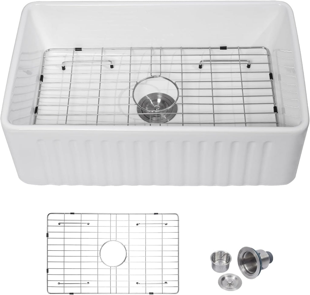 30in x18in  White Farmhouse Sink Lofeyo Dual Mount 30 Inch Farm Sink Fireclay Apron Front Rectangular Single Bowl Deep Kitchen Sinks Farm Barn Kitchen Sink Modern Accessory Kit Included,Lof-LWFS3018S