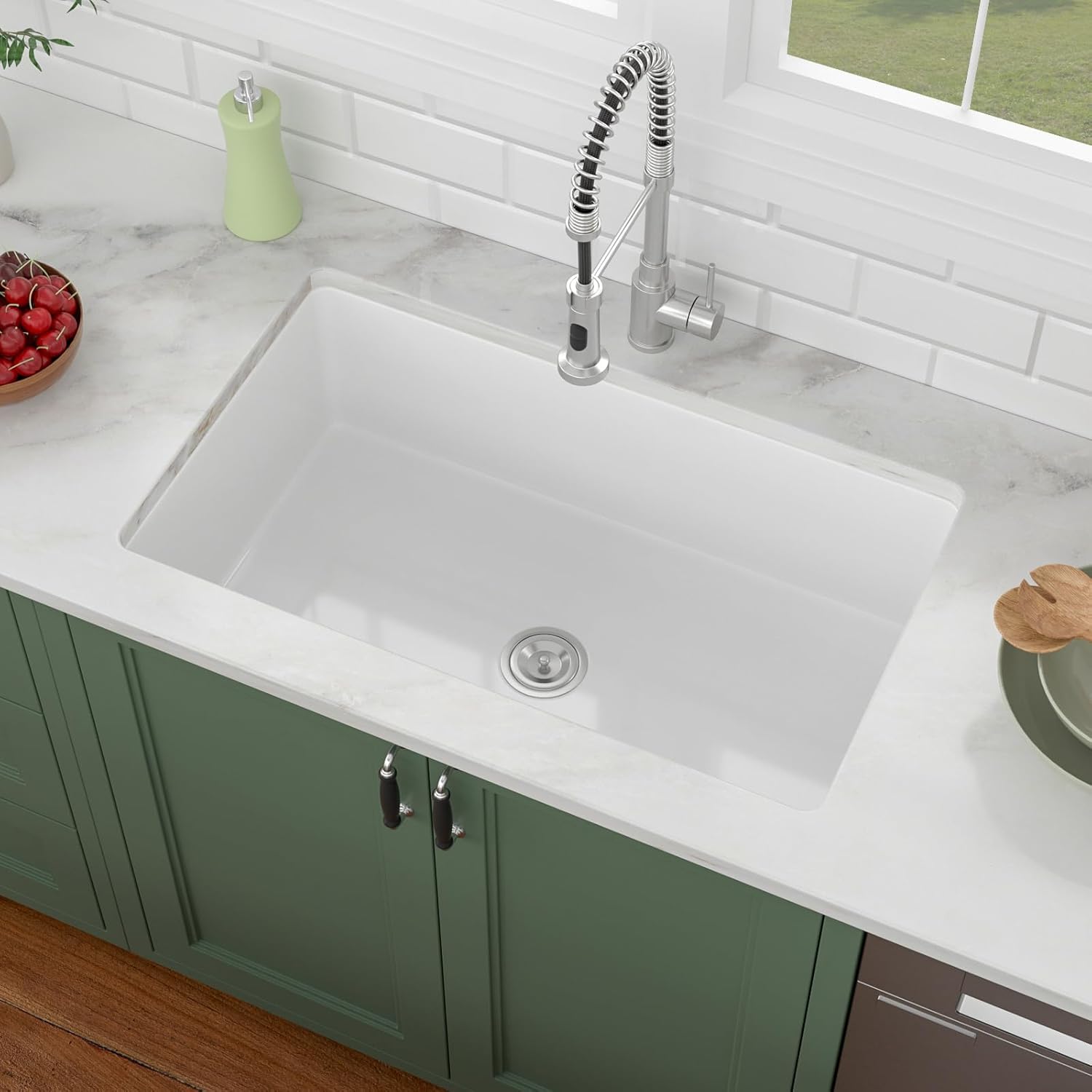 32in  White Undermount Kitchen Sink Lofeyo Farmhouse Fireclay Porcelain Single Bowl Sinks,Dual Mount Round Corner,32in x19in x10in ,LOF-LWFS3219
