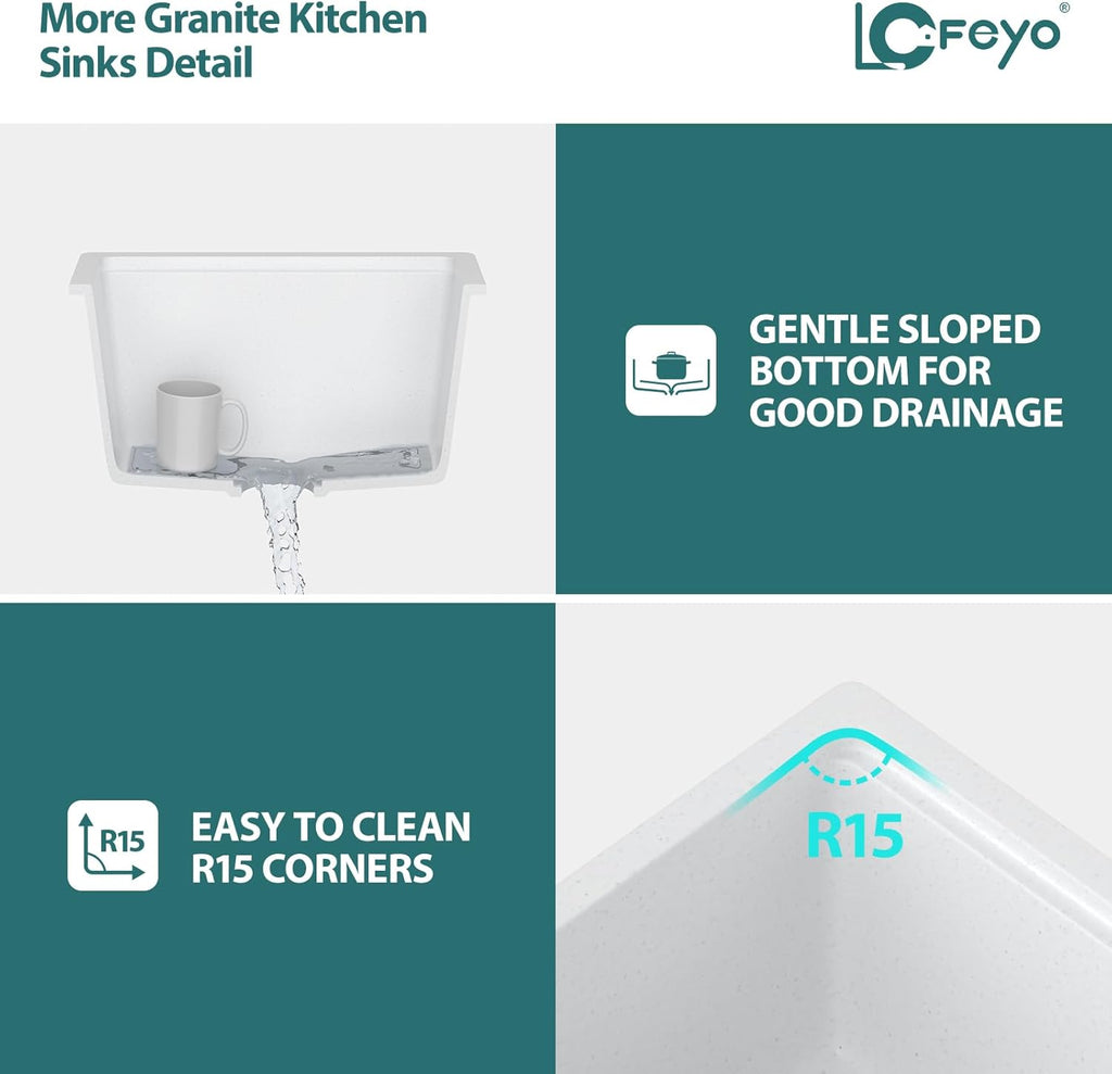 White Undermount Kitchen Sink 18in x18in  Workstation Granite Composite Bar Sink Small Granite Sink Undermount Quartz Modern Under Counter Ledge Single Bowl Kitchen Sinks Basin Deep Sink,LOF-Q8721