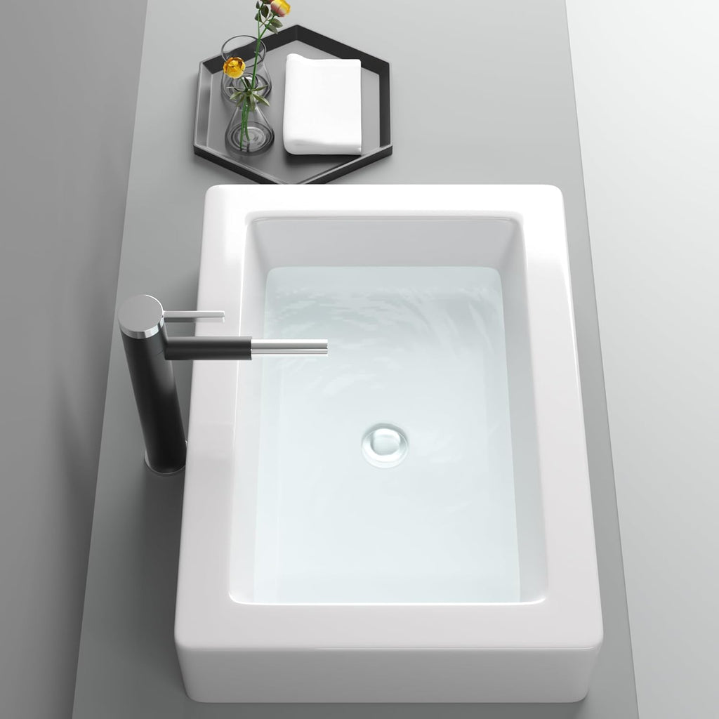22in x15in  White Vessel Sink Rectangle Bathroom Sink Above Counter Porcelain Ceramic Small Sink Bowl Ceramic Rectangular Vessel Sinks for Bathrooms
