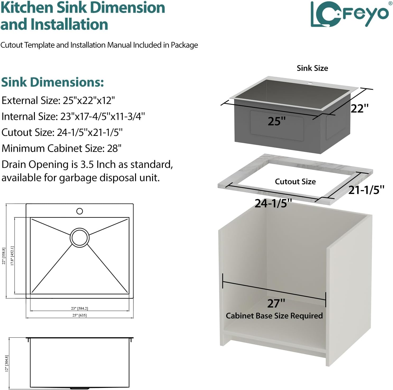 25 Utility Sink Drop in Stainless - Lofeyo 25in  x 22in  x 12in  Laundry Room Sink Topmount 16 Gauge Stainless Steel 12in  Deep Single Bowl Laundry Utility Sink Basin