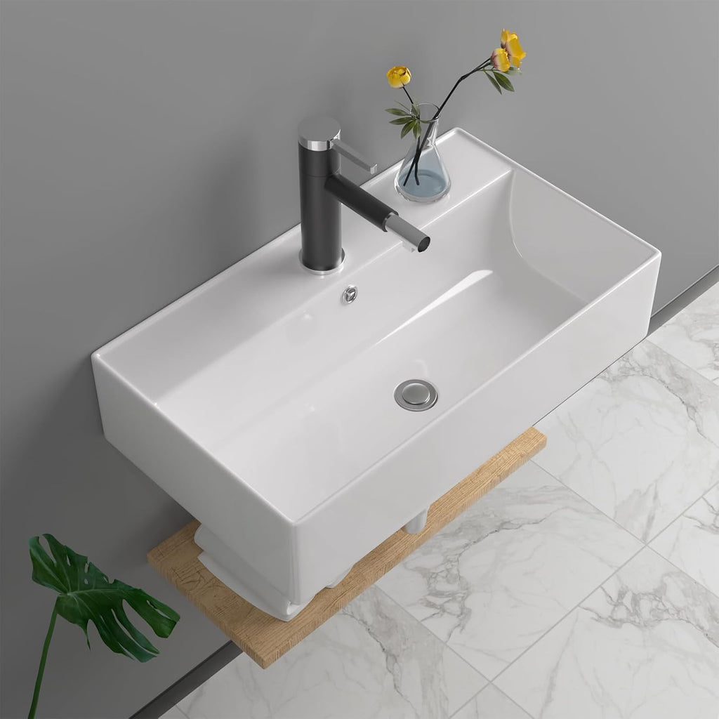 Vessel Sink, Lofeyo 21in x12in  Bathroom Wall Mount Floating Sink Rectangular White Porcelain Ceramic Vessel Vanity Sink Art Basin Middle Faucet Hole