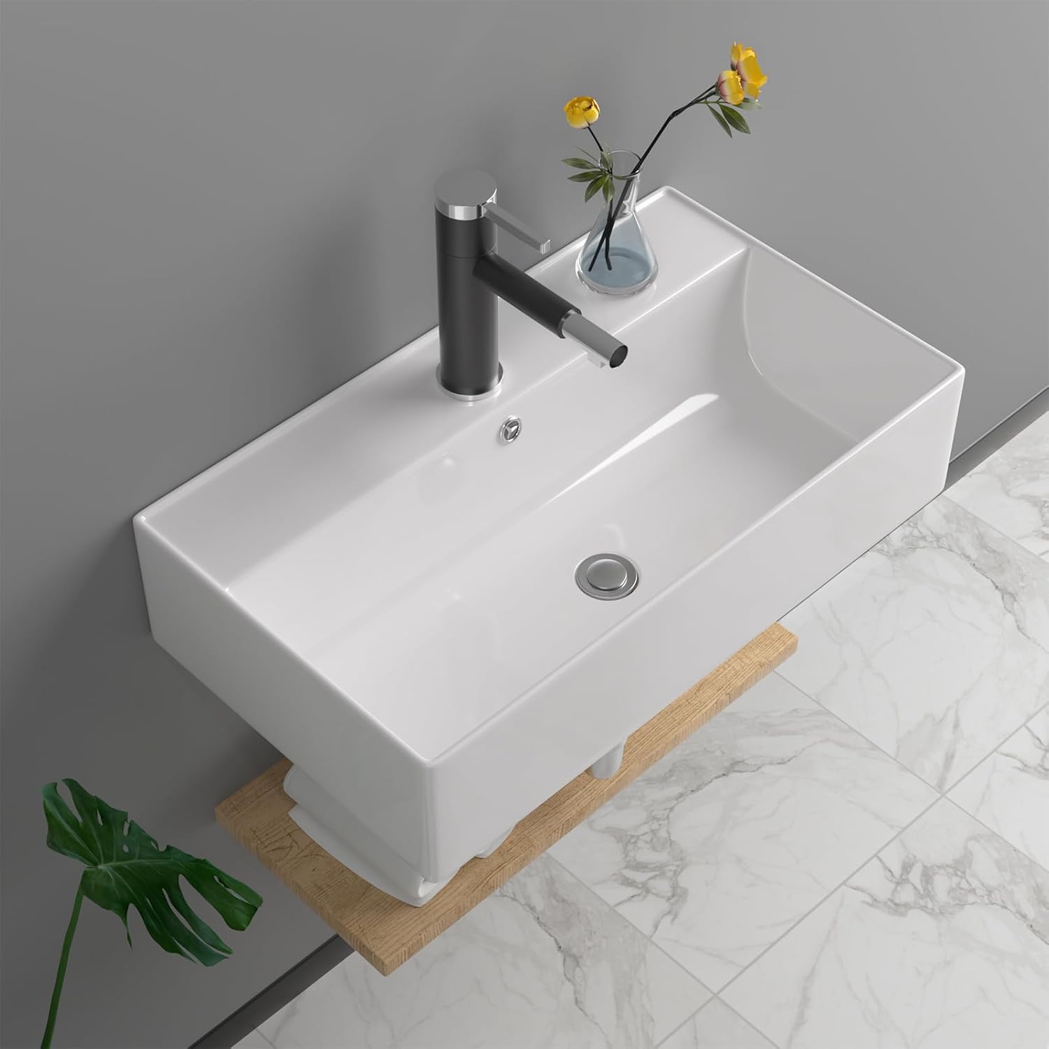 Vessel Sink, Lofeyo 21in x12in  Bathroom Wall Mount Floating Sink Rectangular White Porcelain Ceramic Vessel Vanity Sink Art Basin Middle Faucet Hole