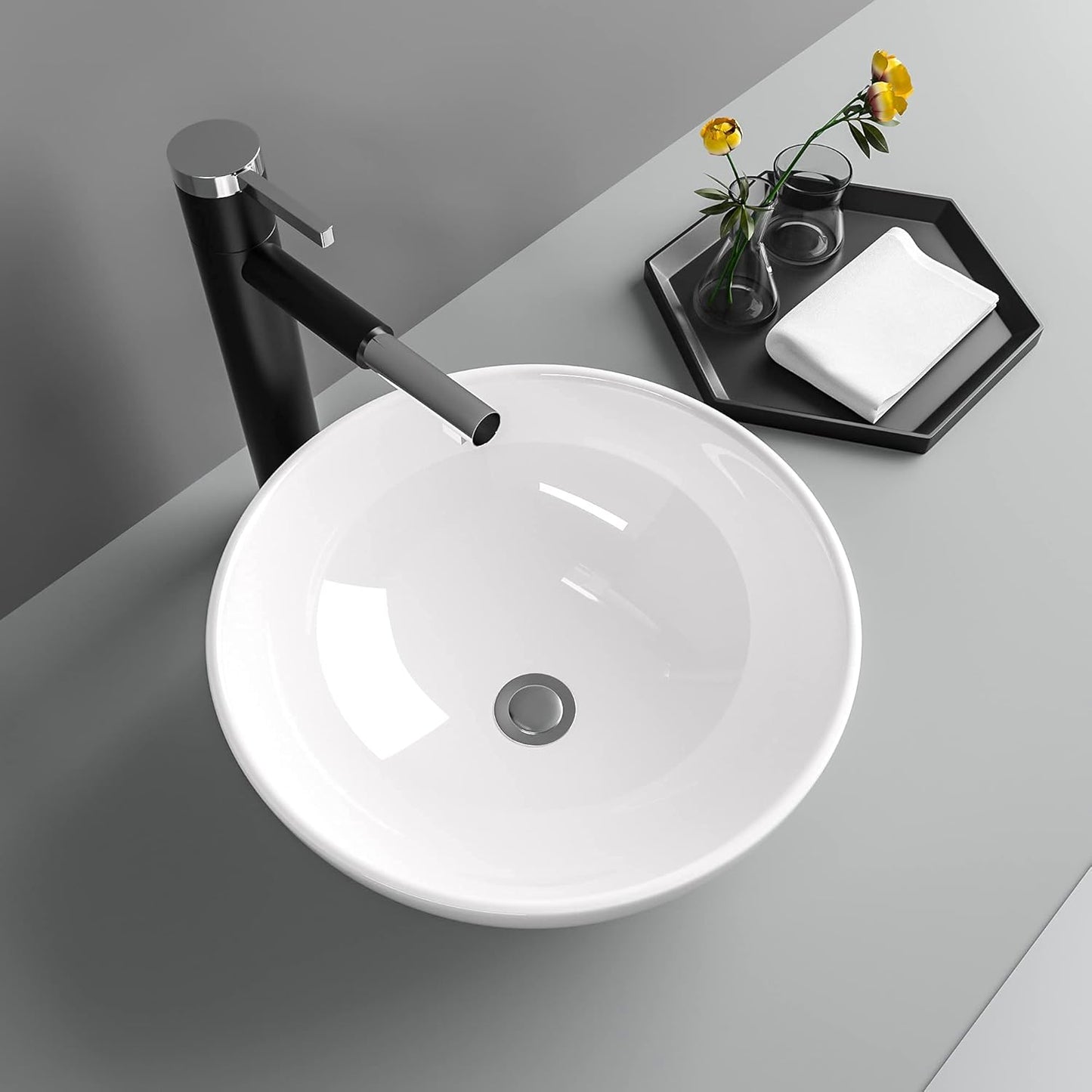 13in x13in  Bowl Sinks for Bathrooms Above Counter Vessel Sink Round Vessel Sink White Ceramic Porcelain Small Bathroom Lavatory Vanity Vessel Sink Bowl Basin