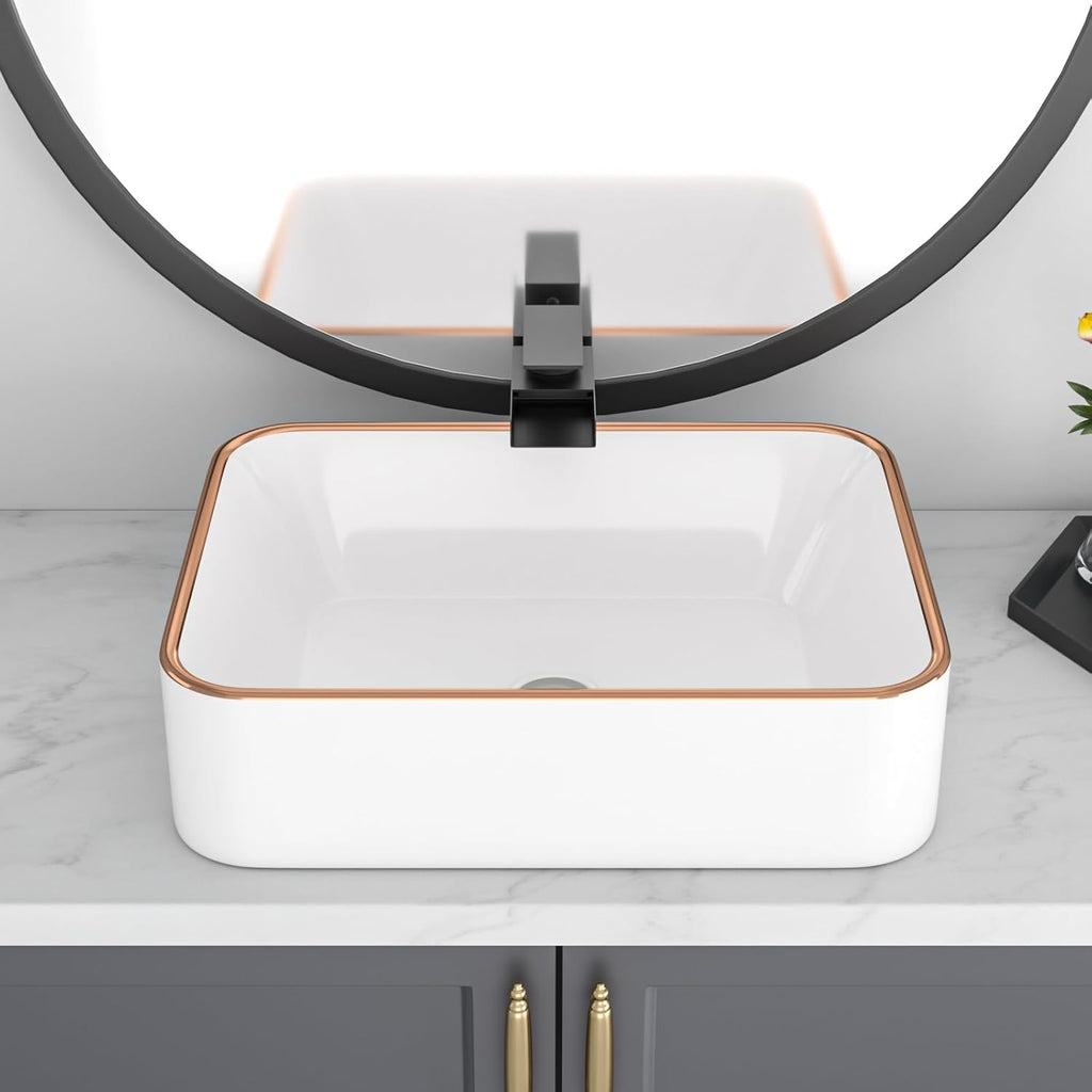 19in x15in  Bathroom Vessel Sink Rectangular Bowl Sinks for Bathrooms Above Counter Vessel Sink Rectangule White Golden Edge Ceramic Porcelain Lavatory Vanity Sink Basin