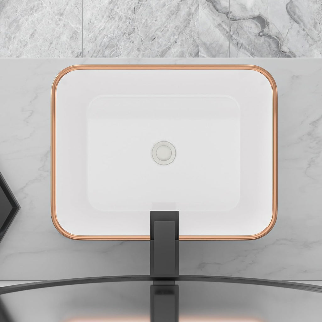 19in x15in  Bathroom Vessel Sink Rectangular Bowl Sinks for Bathrooms Above Counter Vessel Sink Rectangule White Golden Edge Ceramic Porcelain Lavatory Vanity Sink Basin