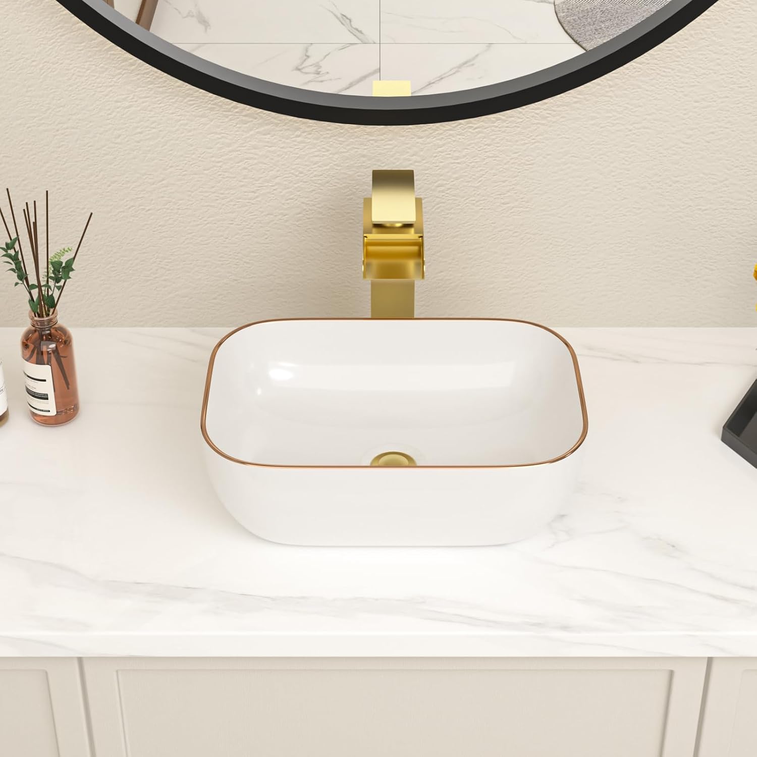Bowl Sink for Bathroom 15in  x 10in  Rectangle Boat Shape White Vessel Sink with Gold Rim Above Counter Porcelain Ceramic Round Oval Modern Artistic Basin Bowl Sink LOF-15105-GB