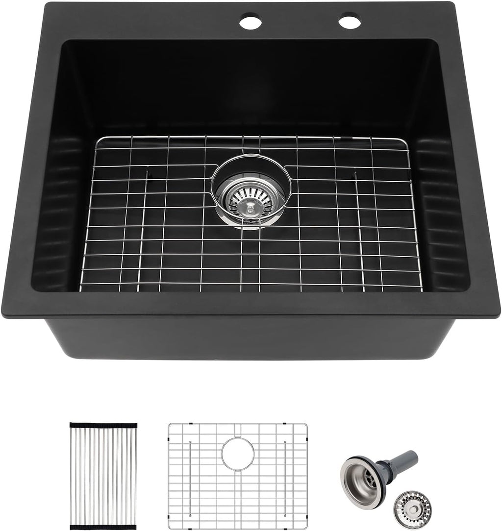 25x22 Inch Black Granite Composite Drop In Kitchen Sink Top mount Quartz Single Bowl Contemporary Kitchen Deep Sink Basin with Counter Ledge