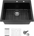25x22 Inch Black Granite Composite Drop In Kitchen Sink Top mount Quartz Single Bowl Contemporary Kitchen Deep Sink Basin with Counter Ledge