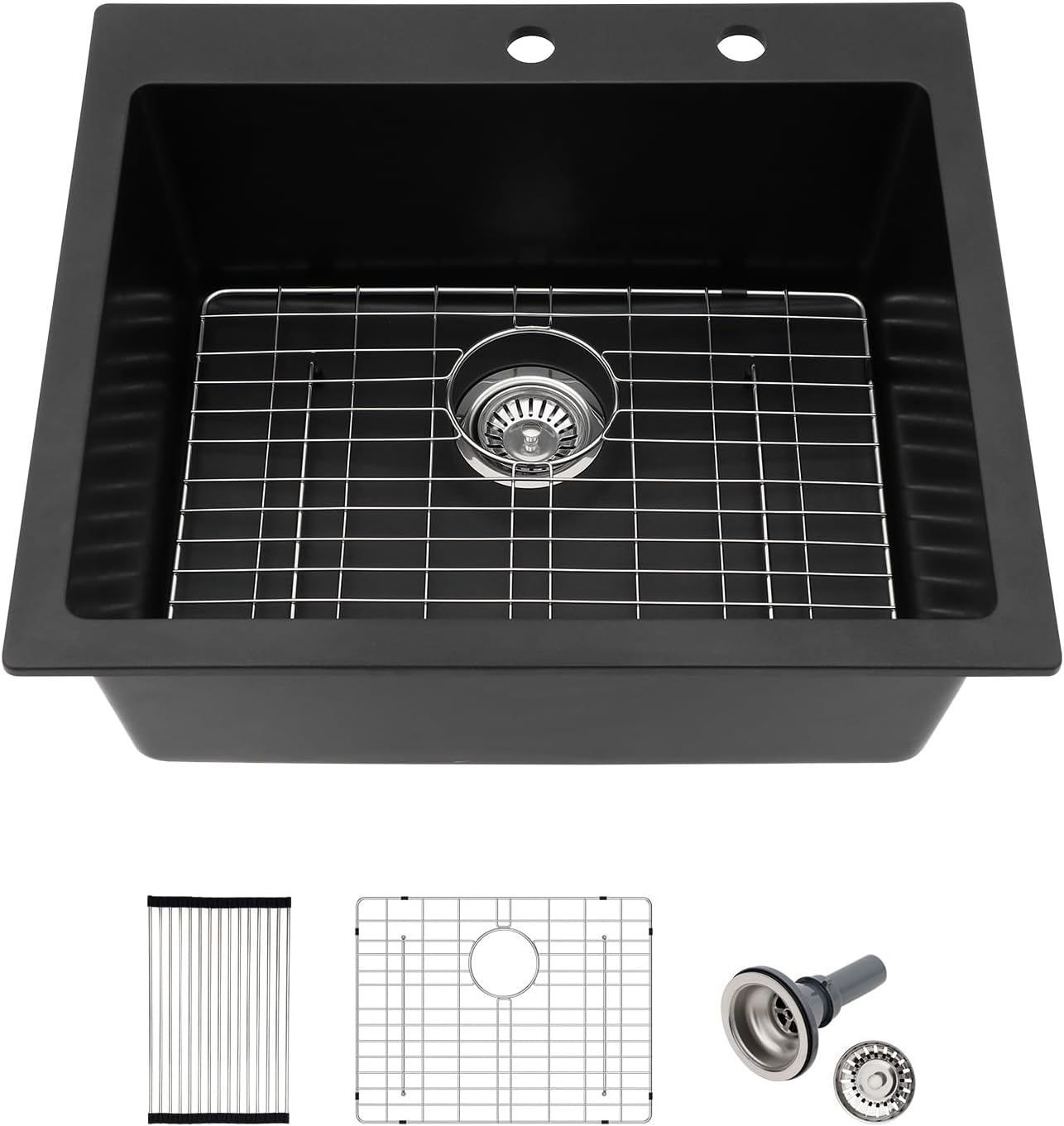 25x22 Inch Black Granite Composite Drop In Kitchen Sink Top mount Quartz Single Bowl Contemporary Kitchen Deep Sink Basin with Counter Ledge