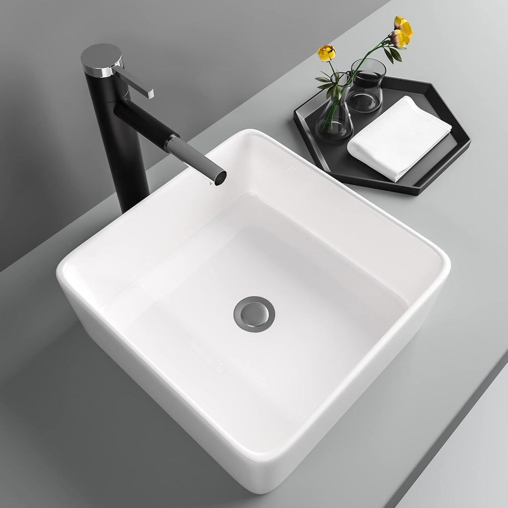 15in x15in  Square Vessel Sink Bathroom Sink Above Counter White Ceramic Porcelain Lavatory Vanity Vessel Sink Basin