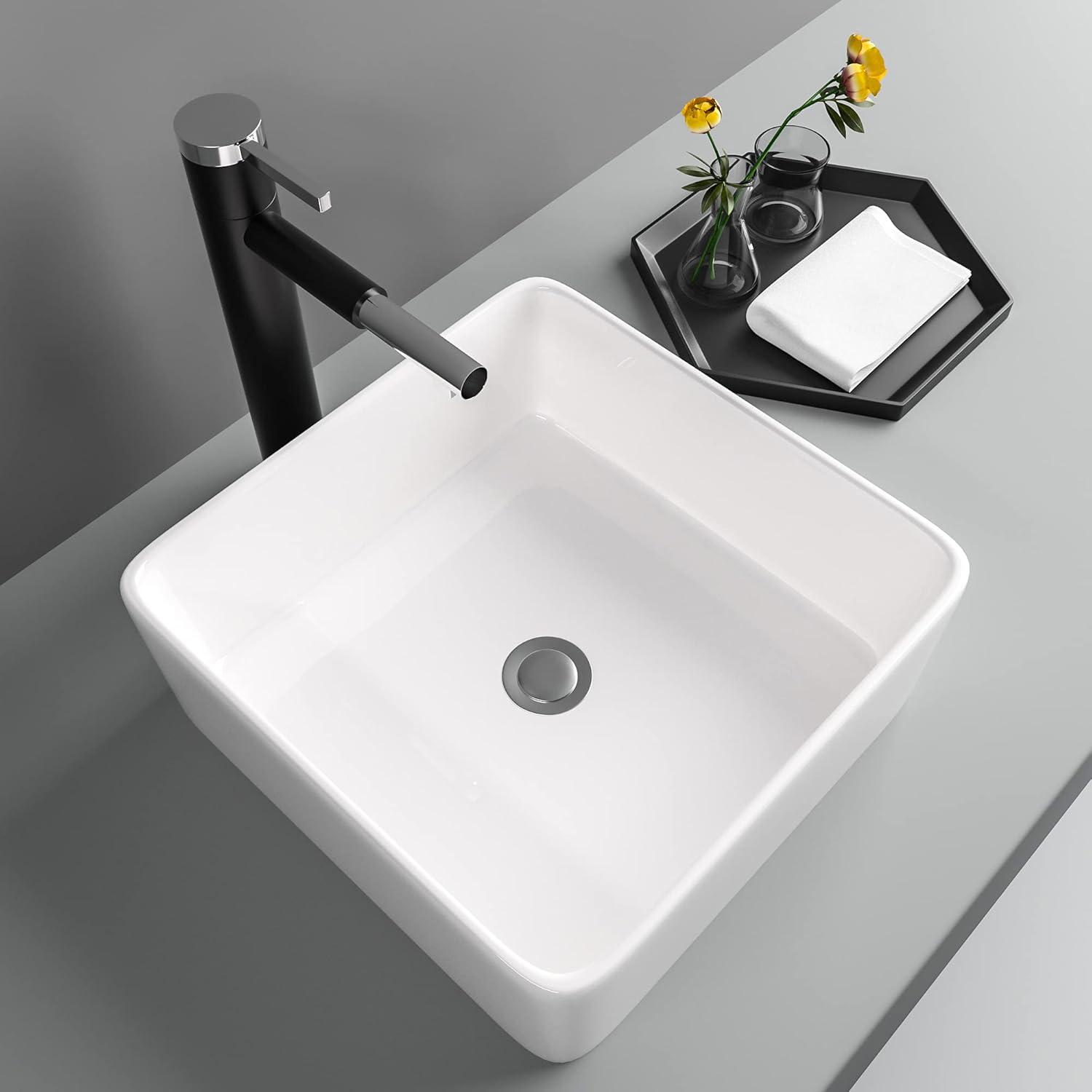 15in x15in  Square Vessel Sink Bathroom Sink Above Counter White Ceramic Porcelain Lavatory Vanity Vessel Sink Basin