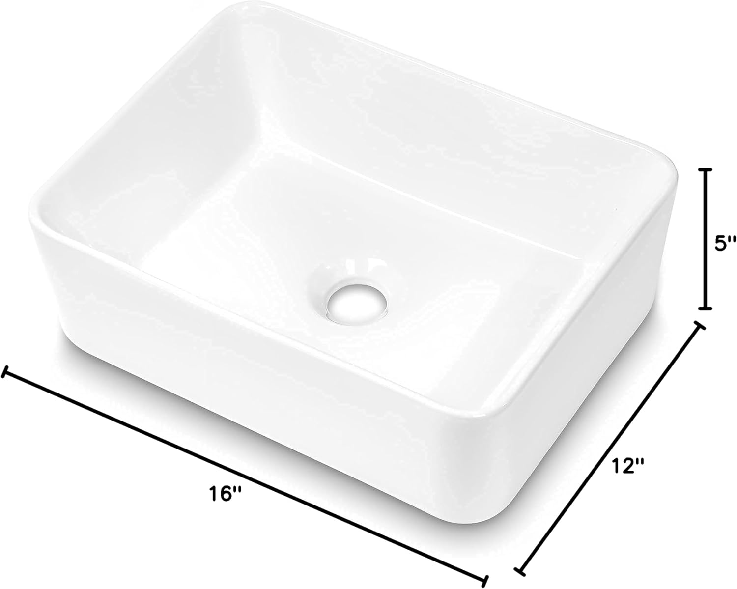 16in  x 12in  Vessel Sink Rectangle Bathroom Vessel Sink Countertop Rectangular White Ceramic Porcelain Farmhouse Lavatory Vanity Bath Sink Basin