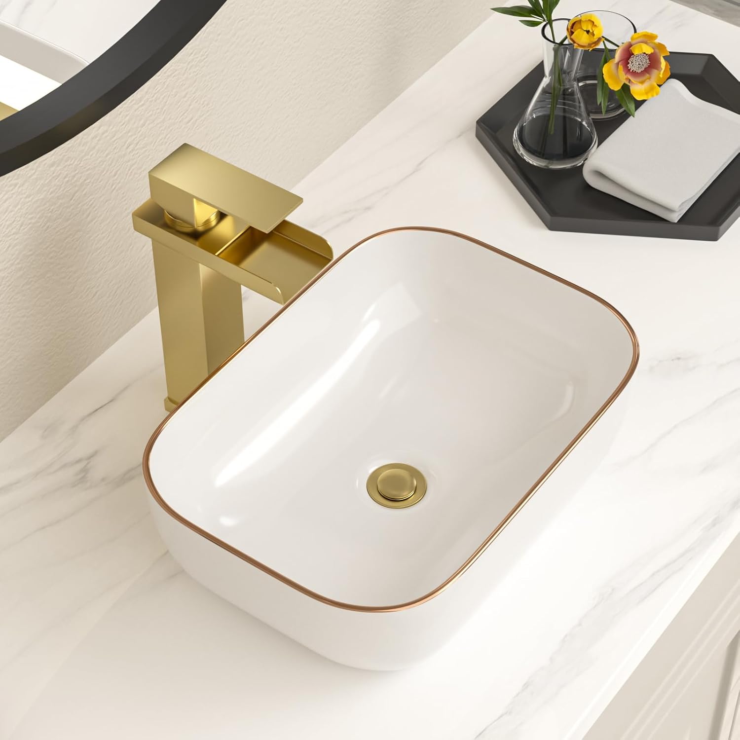 Bowl Sink for Bathroom 15in  x 10in  Rectangle Boat Shape White Vessel Sink with Gold Rim Above Counter Porcelain Ceramic Round Oval Modern Artistic Basin Bowl Sink LOF-15105-GB