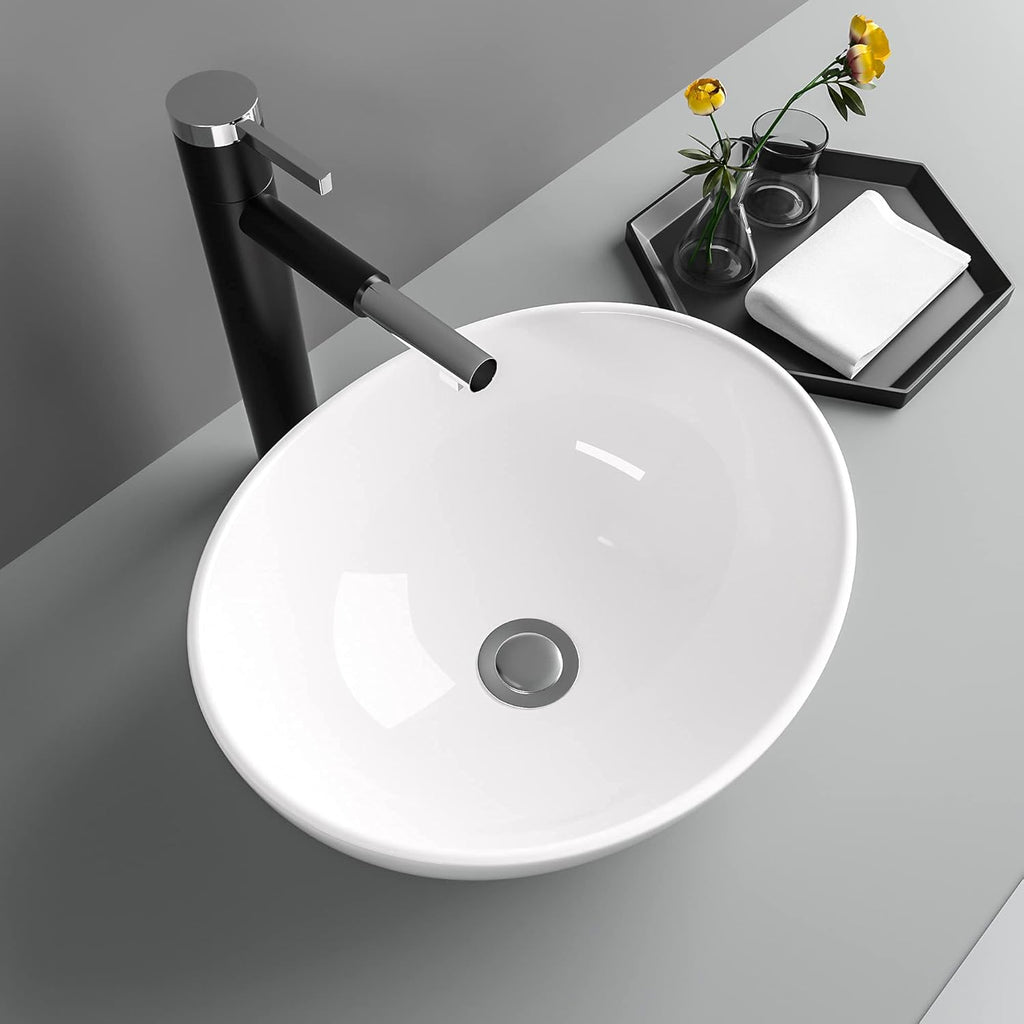 16in x13in  Bowl sinks for bathrooms Egg Shape Above Counter Vessel Sink Oval Vessel Sink White Ceramic Porcelain Small Bathroom Lavatory Vanity Vessel Sink Bowl Basin