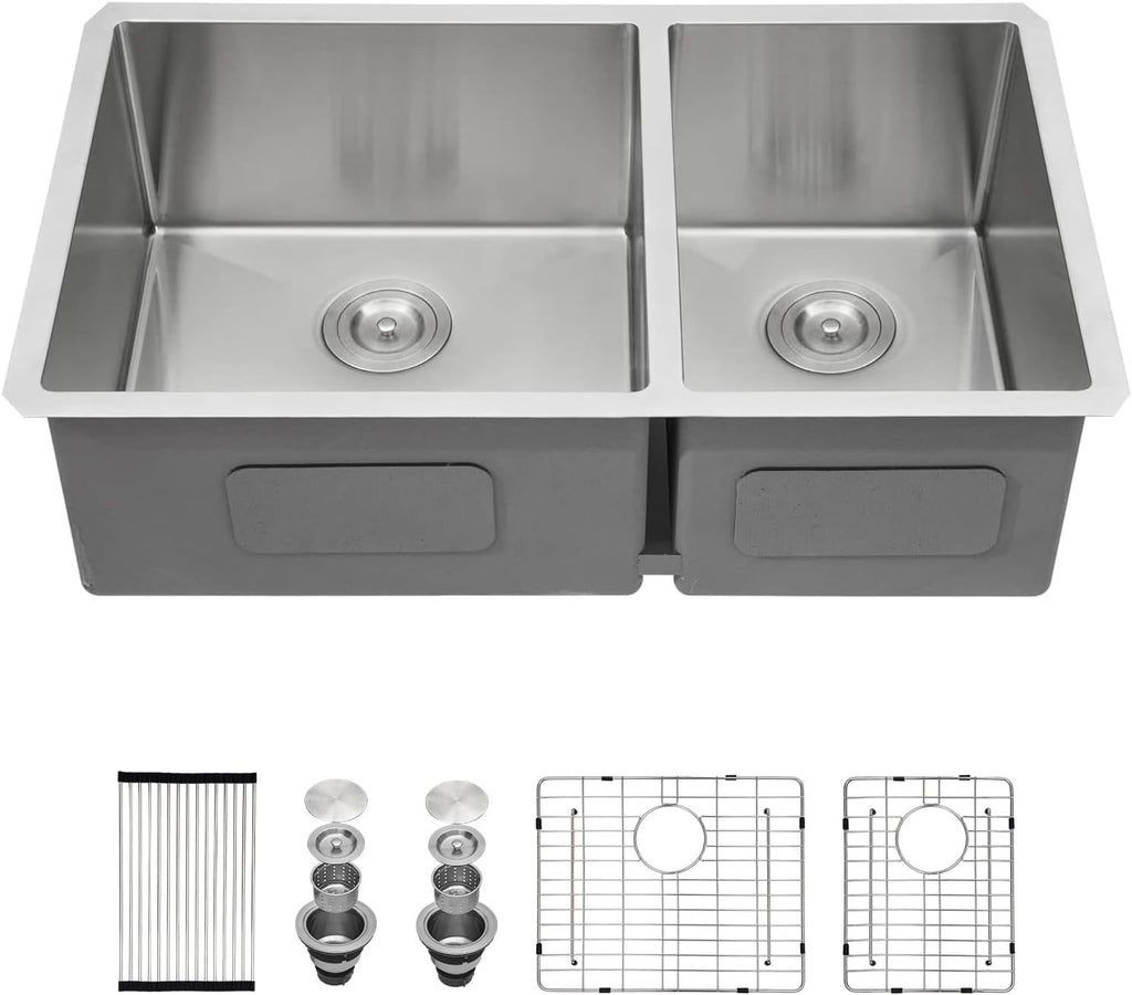 33 Kitchen Sink Double Bowl - Lofeyo 33 x 19 Stainless Steel Kitchen Sink 60/40 Double Basin 16 Gauge Round Corner Undermount Kitchen Sink Basin