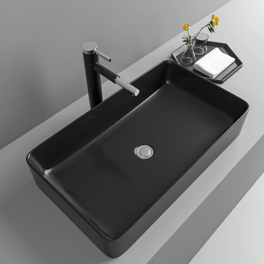 24in x14in  Black Bathroom Vessel Sink Rectangle Bathroom Sink Porcelain Ceramic Vessel Sink Above Counter Vessel Sink Bowl for Vanity Powder Room Cabinet Lavatory Matte Black