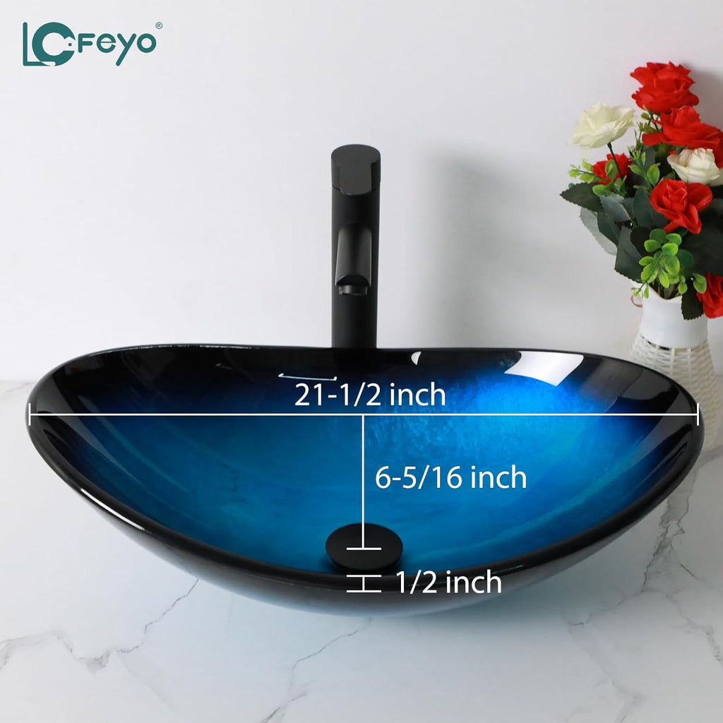 Bowl Sinks For Bathrooms 21in  Blue Glass Vessel Sink With Faucet And Drain Combo Modern Boat Shape Artistic Basin Bathroom Vessel Sink Above Counter Small 6in  Deep Oval Vessel Sink Lof-BL33553