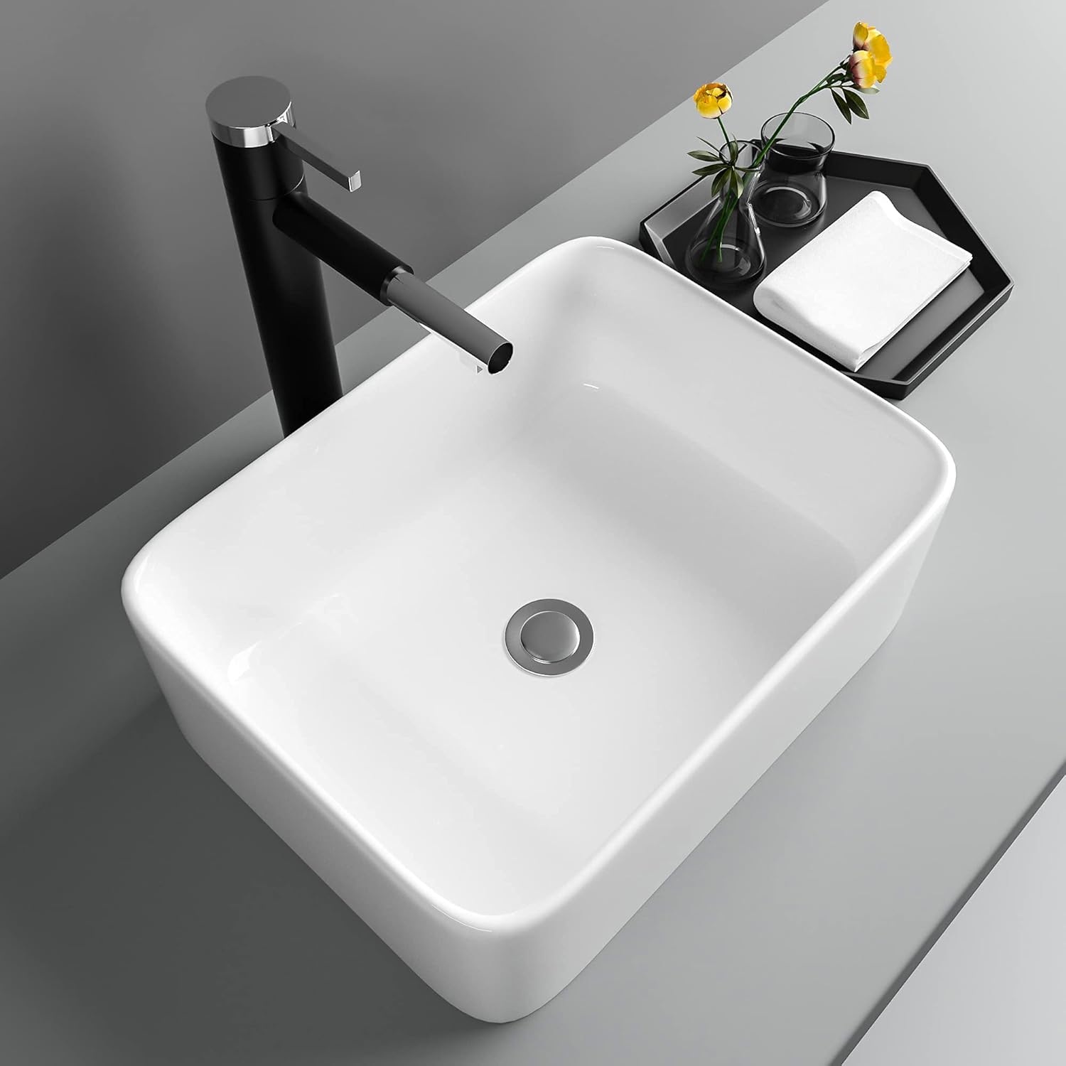 16in  x 12in  Vessel Sink Rectangle Bathroom Vessel Sink Countertop Rectangular White Ceramic Porcelain Farmhouse Lavatory Vanity Bath Sink Basin